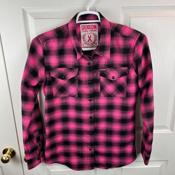 DIXXON Tops - Dixxon Button Front Plaid Shirt Pink Black Breast Cancer Size Large